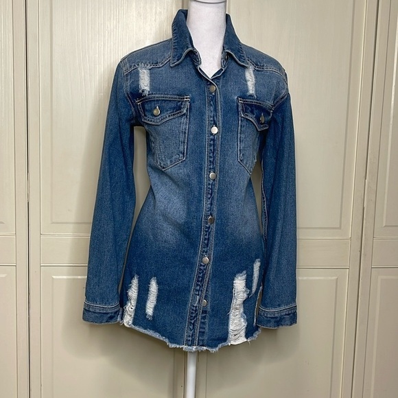 No Brand Jackets & Blazers - Women’s Oversized Denim Jacket Casual Long Boyfriend Distressed Blue Jean Sz M